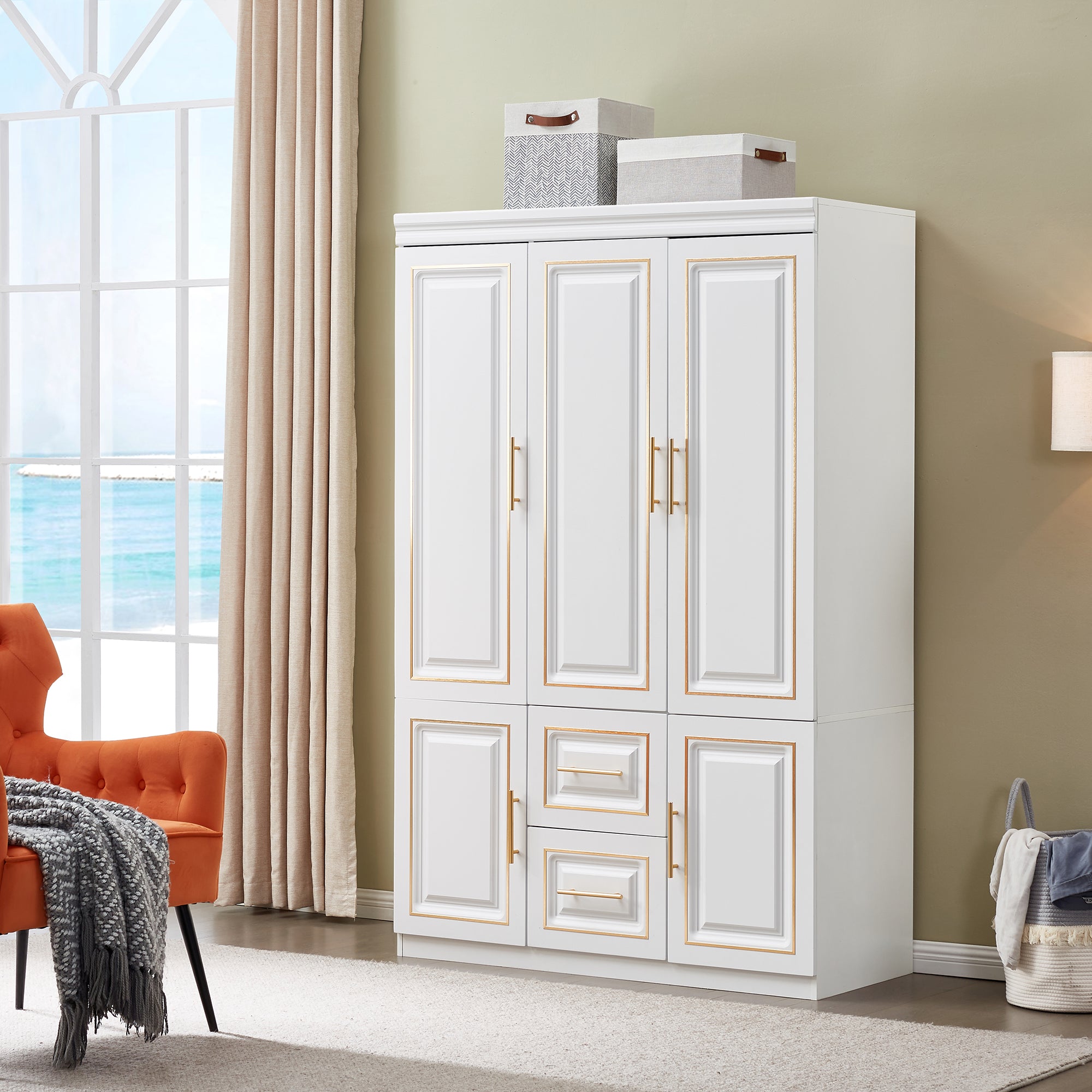 YG-5 Armoire Wardrobe 74" H 3 Doors 2 Drawers White Bedroom Wardrobe Armoire Closet Freestanding Clothes Storage Armoire Organizer with Hanging Rod Shelves Clothes Cabinet for Bathrooms Clothes Storage