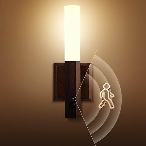 Motion Sensor Light Indoor, Stick on Motion Wall Light Wooden Wall Sconce wooden LED Wall Sconce Indoor Rechargeable Wooden Wall Light for Hallway, Stair, Closet, Shelf, Bathroom, Kitchen (Ash)