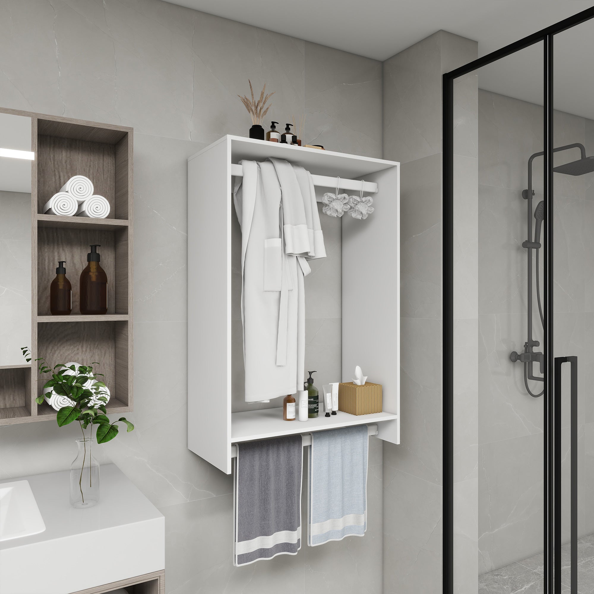 B3 DIY Modular Wooden Closet Organizer System with 2 Hanging Rods Shelves Wall Mount Shelving for Walk in Closet Bedroom and living room Organization Built in Clothes Storage White 31.49&