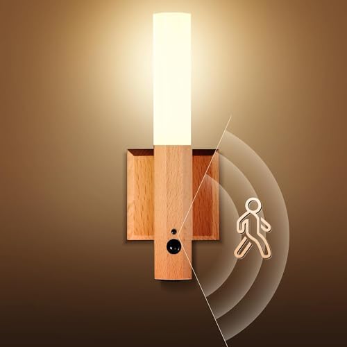 Motion Sensor Light Indoor, Stick on Motion Wall Light Wooden Wall Sconce wooden LED Wall Sconce Indoor Rechargeable Wooden Wall Light for Hallway, Stair, Closet, Shelf, Bathroom, Kitchen (Ash)
