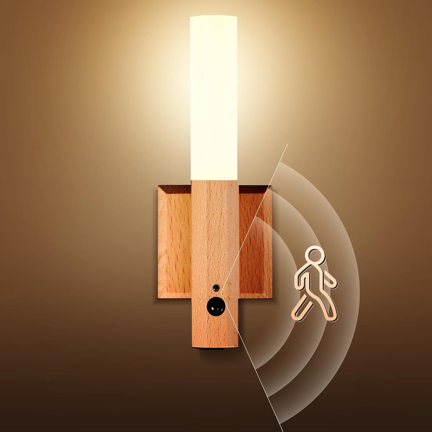 Motion Sensor Light Indoor, Stick on Motion Wall Light Wooden Wall Sconce wooden LED Wall Sconce Indoor Rechargeable Wooden Wall Light for Hallway, Stair, Closet, Shelf, Bathroom, Kitchen (Ash)