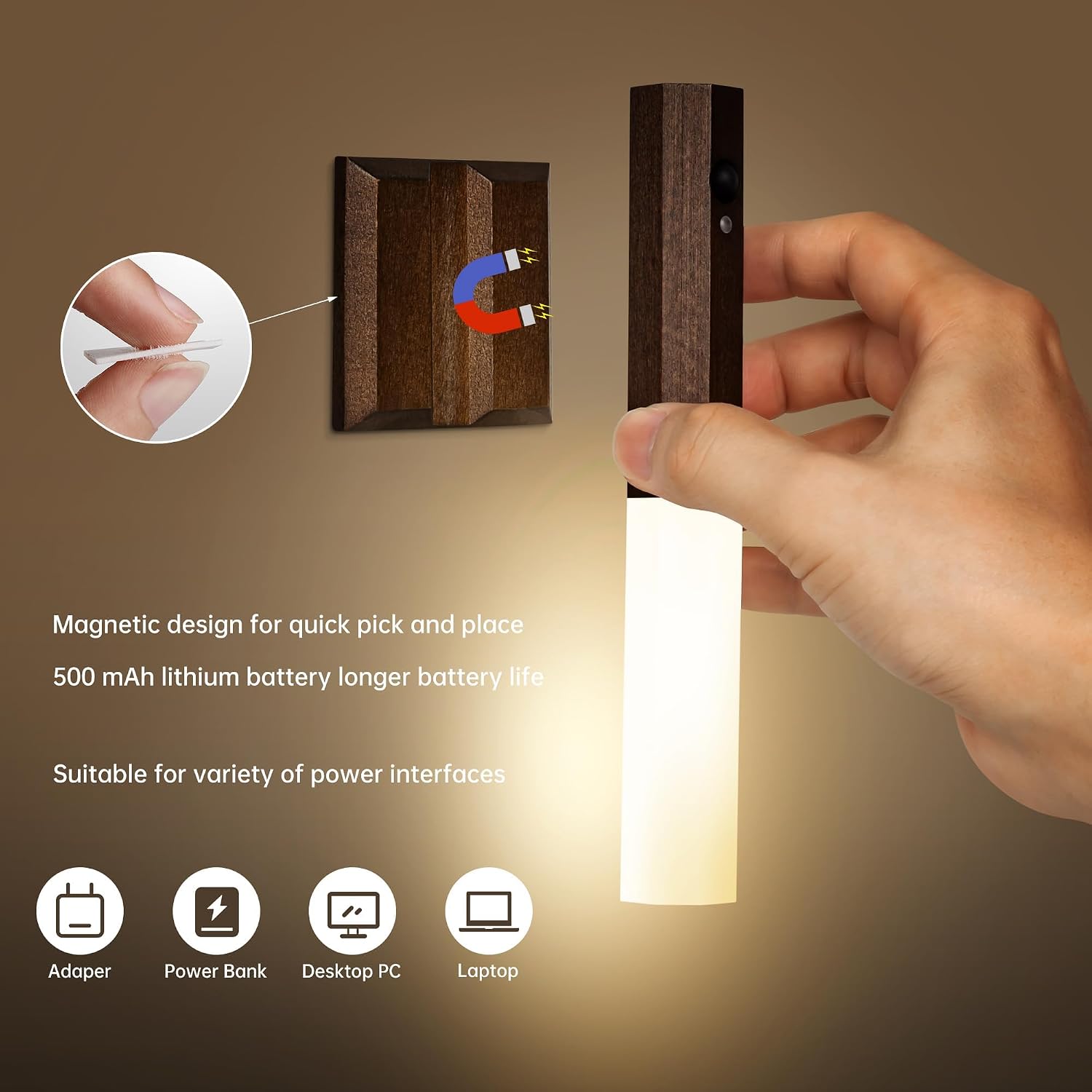 Motion Sensor Light Indoor, Stick on Motion Wall Light Wooden Wall Sconce wooden LED Wall Sconce Indoor Rechargeable Wooden Wall Light for Hallway, Stair, Closet, Shelf, Bathroom, Kitchen (Ash)