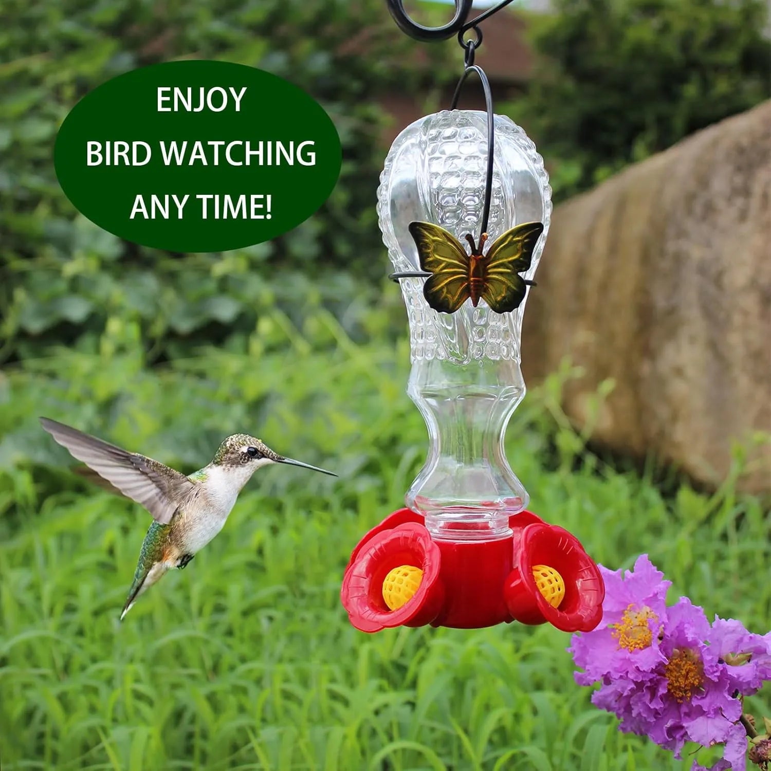Floral Glass Hummingbird Feeder with Ant Moat