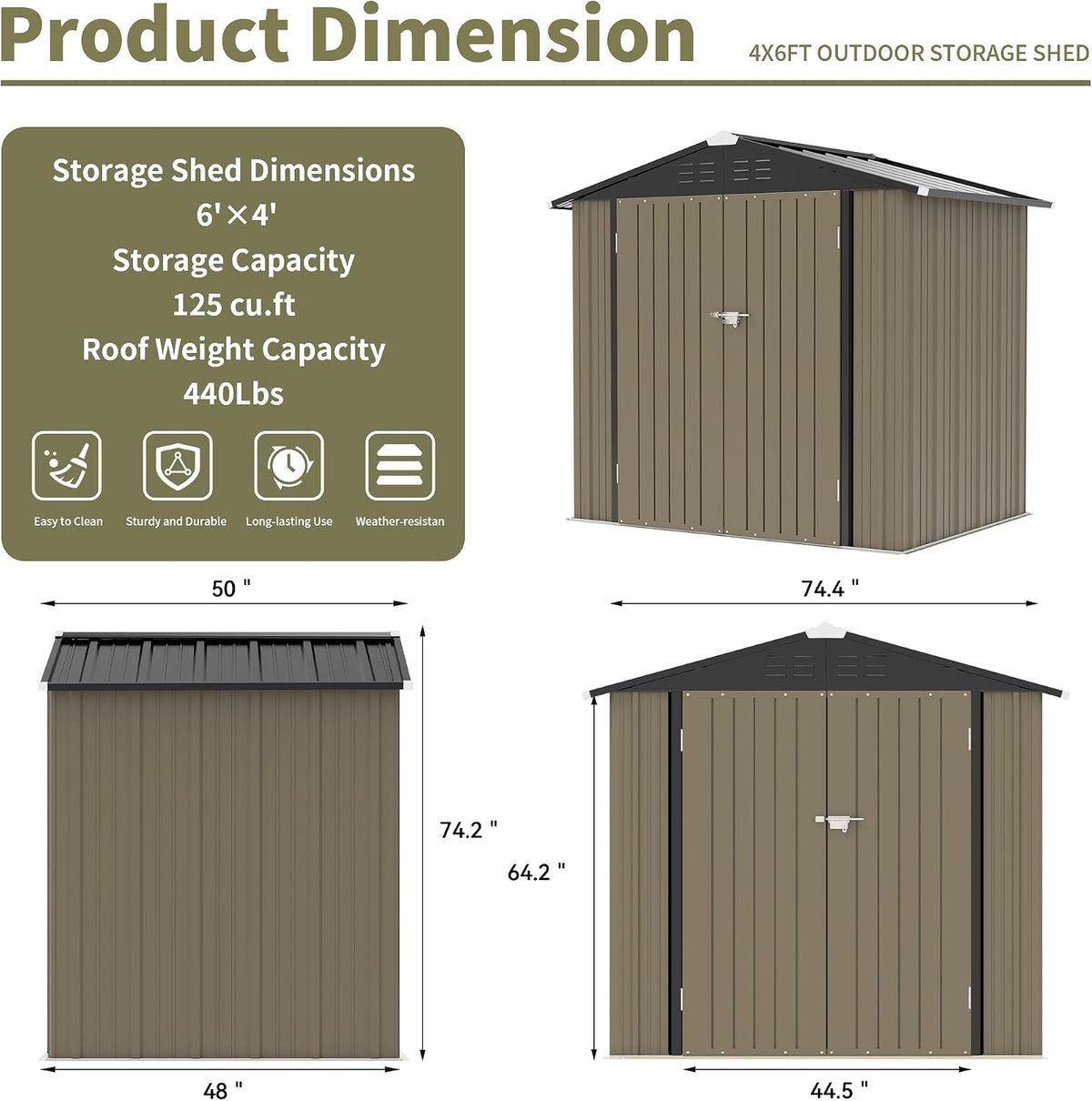 WWI Outdoor Storage Shed Lockable Metal Shed 189(L) X 122(W) X 188(H) cm Steel Anti-Corrosion Storage House Utility Tool Shed for Backyard Garden (6 * 4 FT)