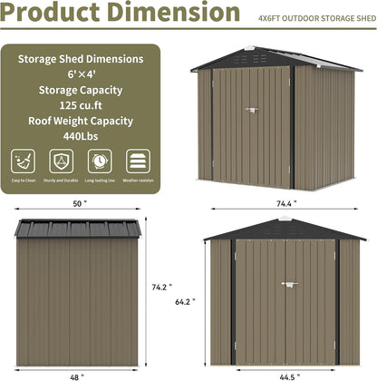 WWI Outdoor Storage Shed Lockable Metal Shed 189(L) X 122(W) X 188(H) cm Steel Anti-Corrosion Storage House Utility Tool Shed for Backyard Garden (6 * 4 FT)