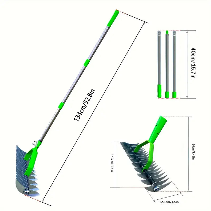 Extended-Reach Thatch Rake for Easy Dethatching of Dead Grass