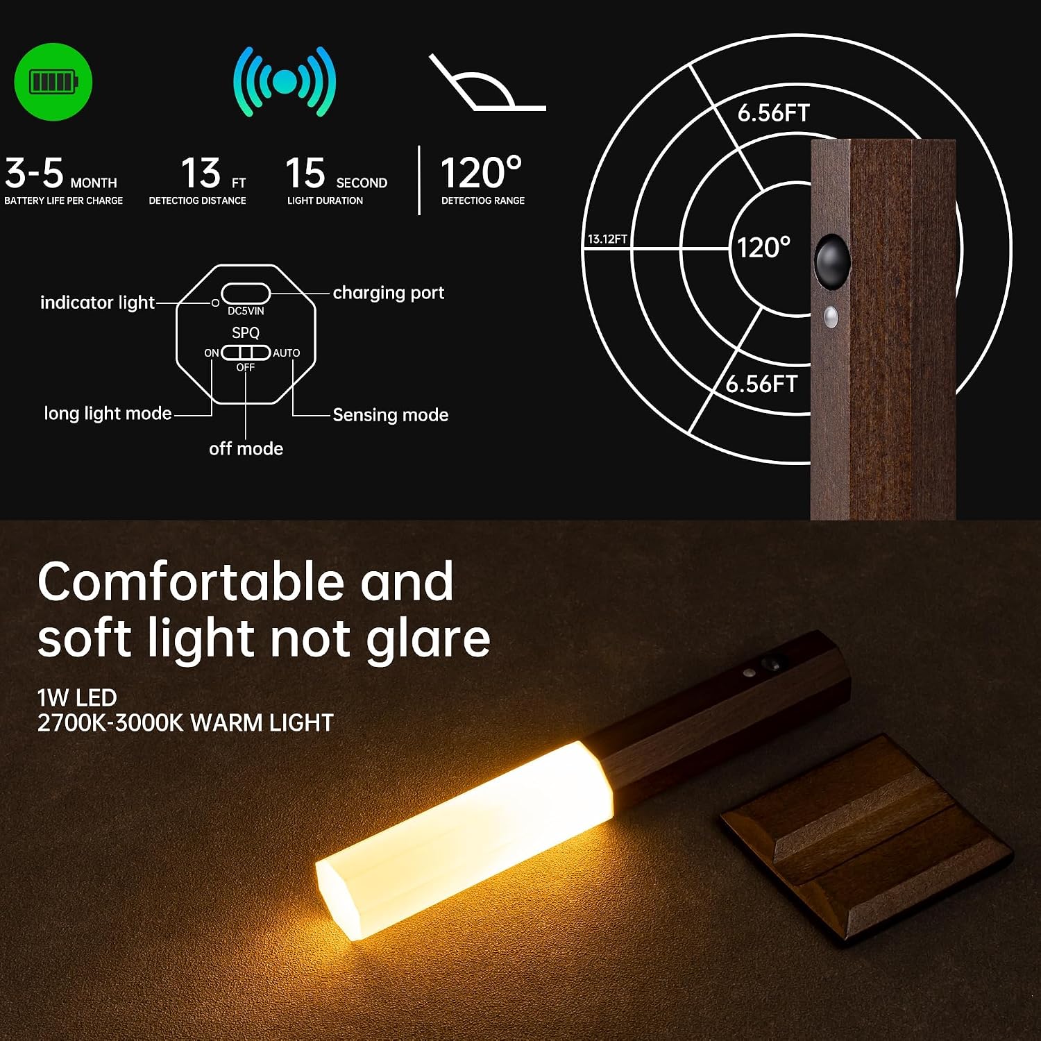 Motion Sensor Light Indoor, Stick on Motion Wall Light Wooden Wall Sconce wooden LED Wall Sconce Indoor Rechargeable Wooden Wall Light for Hallway, Stair, Closet, Shelf, Bathroom, Kitchen (Ash)