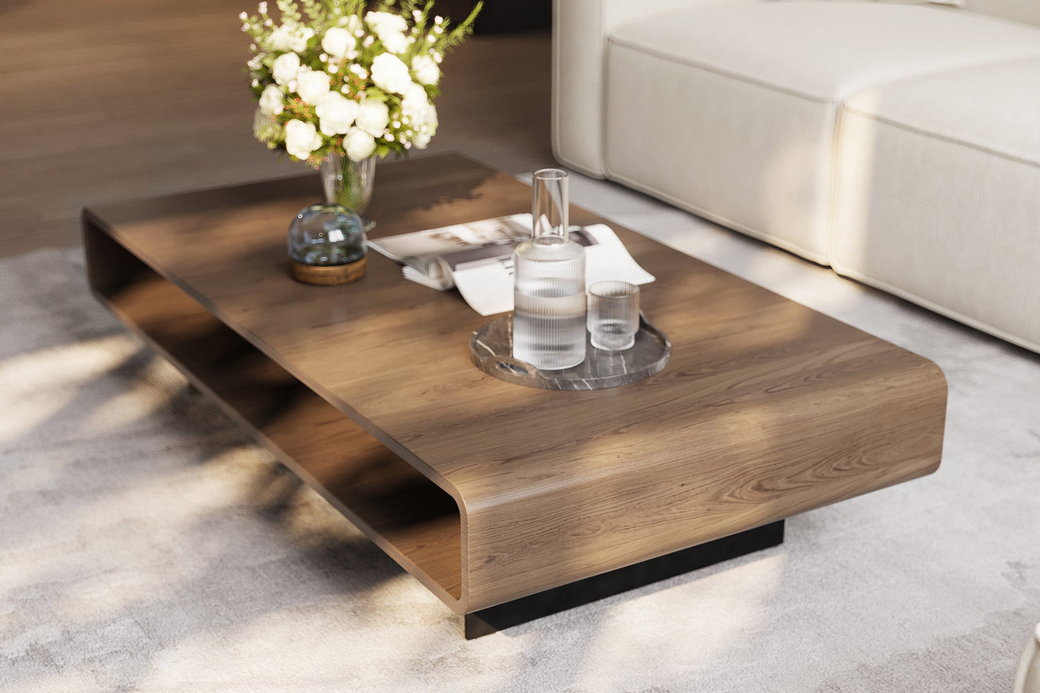 Flowwood Coffee Table with Shelf in Sleek Walnut