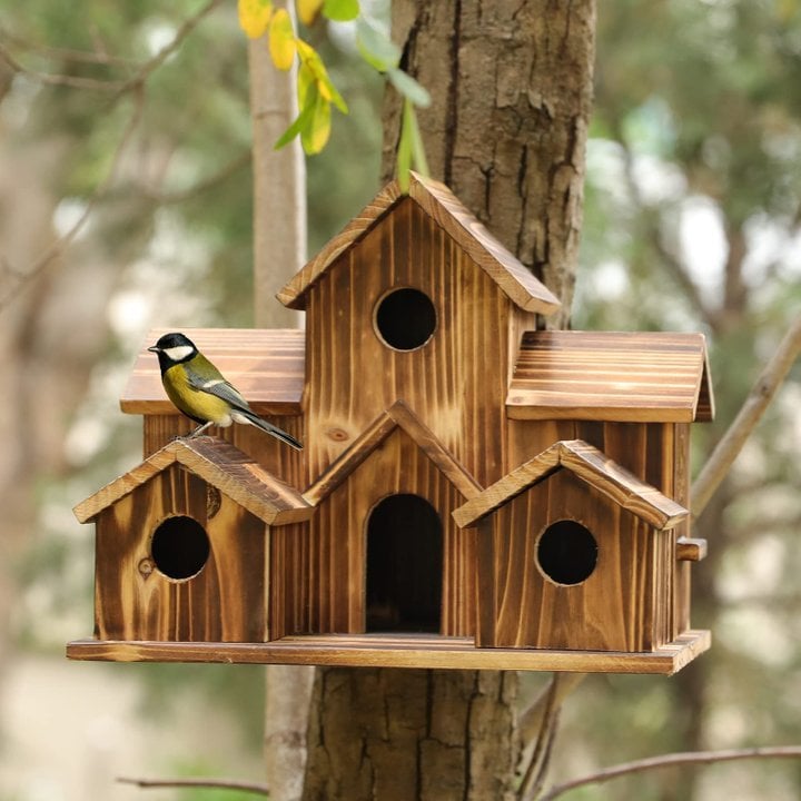 Premium Handcrafted Wooden Birdhouse with Six Cozy Entrance Holes