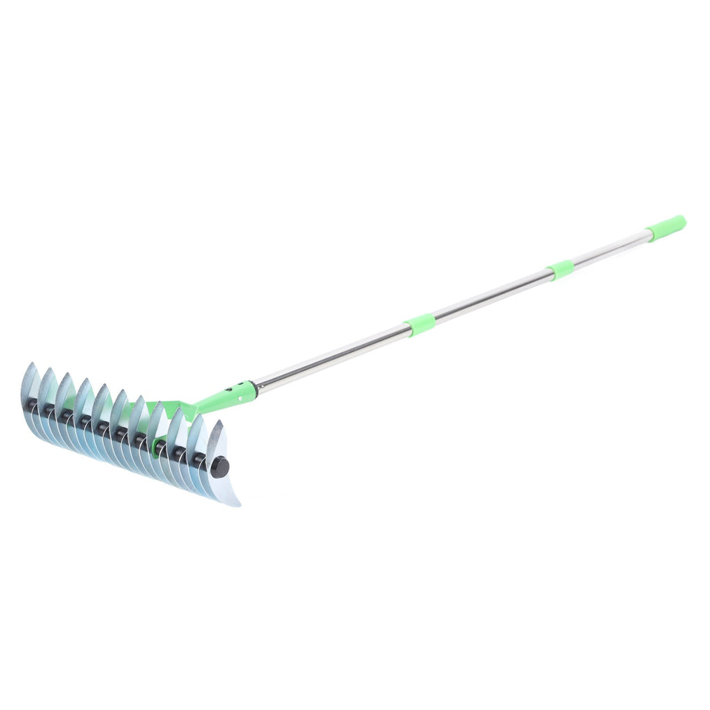 Extended-Reach Thatch Rake for Easy Dethatching of Dead Grass