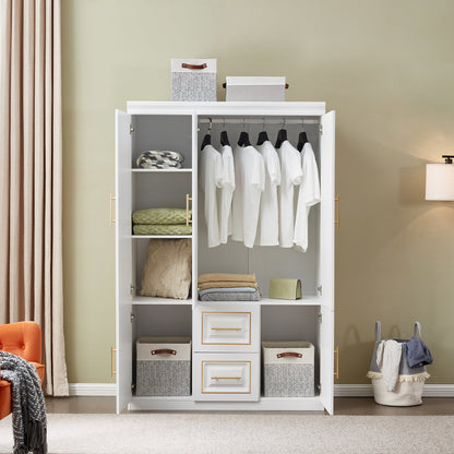 YG-5 Armoire Wardrobe  74" H 3 Doors 2 Drawers White Bedroom Wardrobe Armoire Closet Freestanding Clothes Storage Armoire Organizer with Hanging Rod Shelves Clothes Cabinet for Bathrooms Clothes Storage