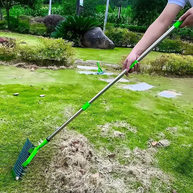Extended-Reach Thatch Rake for Easy Dethatching of Dead Grass