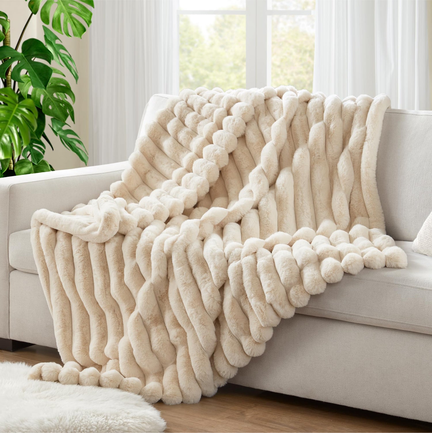 Hyde Lane Ultra Soft Faux Rabbit Fur Striped Throw Blanket - Luxury Plush Blanket for Couch Bed Living Room Decor Thick &amp; Warm - 750GSM (Beige 60"x80")