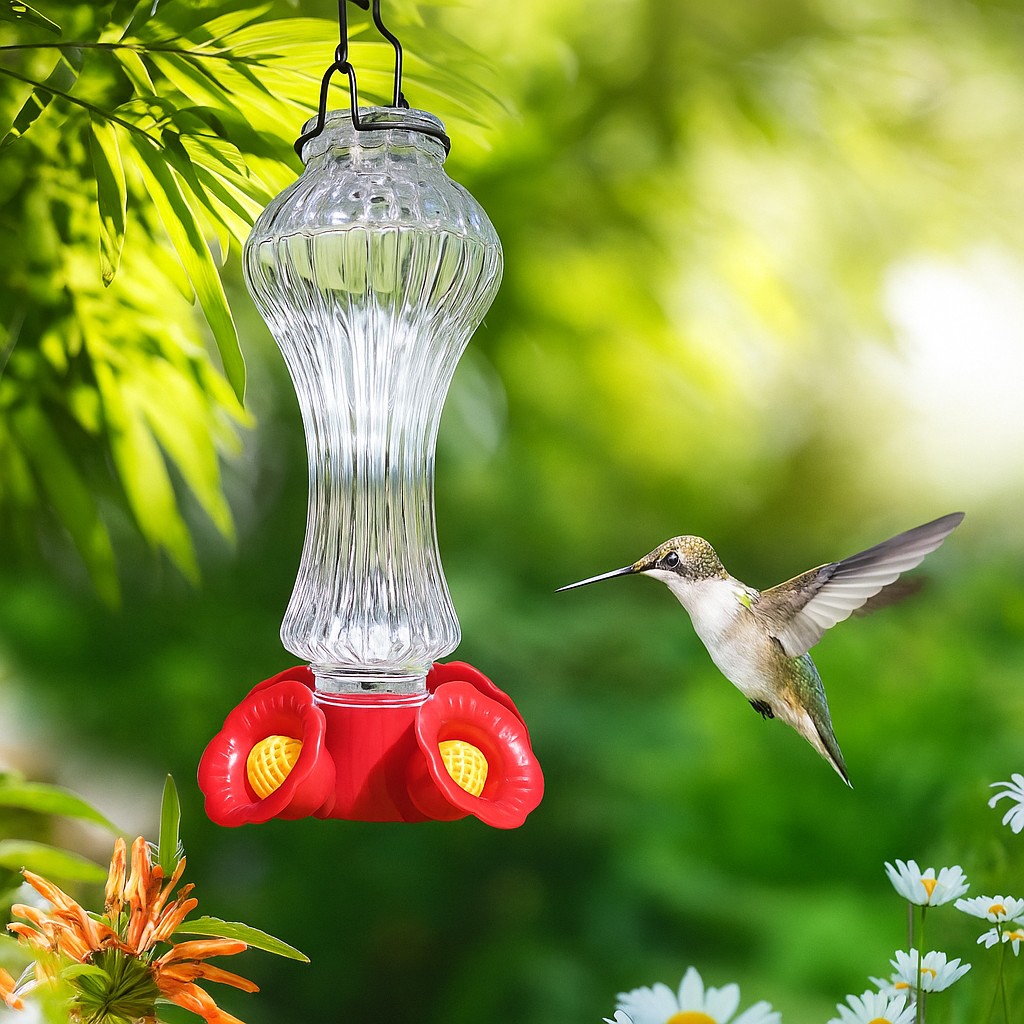 Floral Glass Hummingbird Feeder with Ant Moat