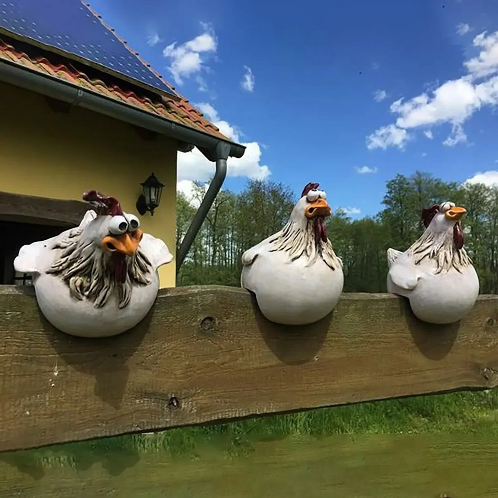 Whimsical Chicken Fence Decor – Resin Garden Statues
